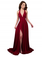 Buy A-Line Halter Plunge V-Neckline Open Back Spandex Bridesmaid Dress with Slit