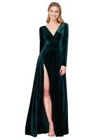 Buy Deep V-Neck Long Sleeves Velvet Bridesmaid Dress with High Side Split