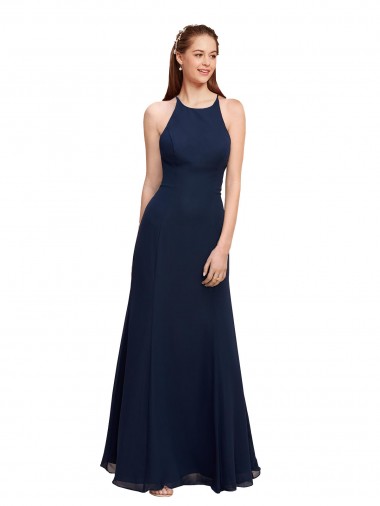 Buy High Halter Fit and Flare Long Chiffon Bridesmaid Dress with Criss Cross Low Back