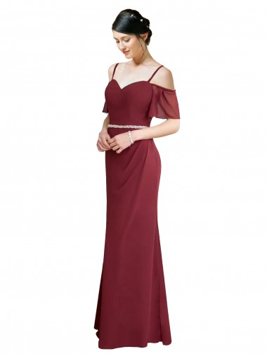 Buy Draped Cold Shoulder Long Chiffon Bridesmaid Dress with Spaghetti Straps