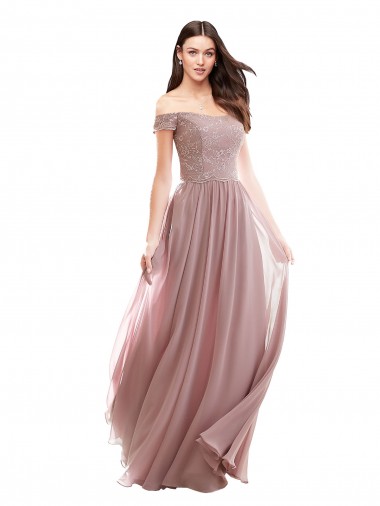 Buy Floor Length Chantilly Lace Off the Shoulder Chiffon Bridesmaid Dress