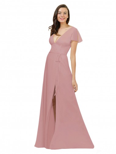 Buy Flutter Sleeves Short Chiffon Bridesmaid Dress with Tie Belt