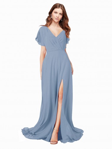 Buy Chiffon Bridesmaid Dress with Flutter Sleeves and Front Slit