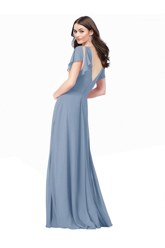 Buy Chiffon Bridesmaid Dress with Flutter Sleeves and Front Slit