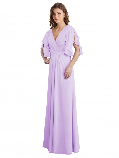 Buy A-Line Draped Chiffon Bridesmaid Dress with V-Neck and Split Sleeves