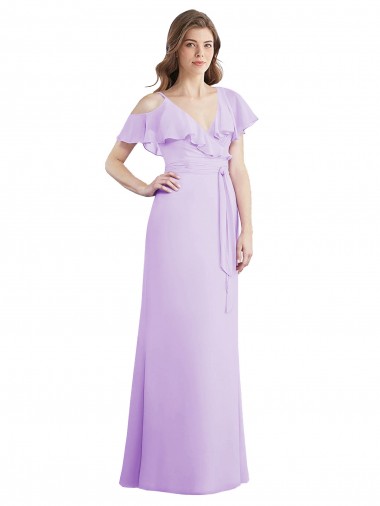 Buy Ruffled Neckline Cold Shoulder Long Chiffon Bridesmaid Dress