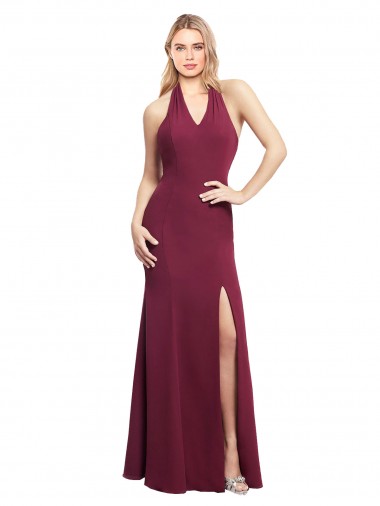 Buy Chiffon Mermaid Bridesmaid Dress with Back Tie Halter Straps and Side Slit
