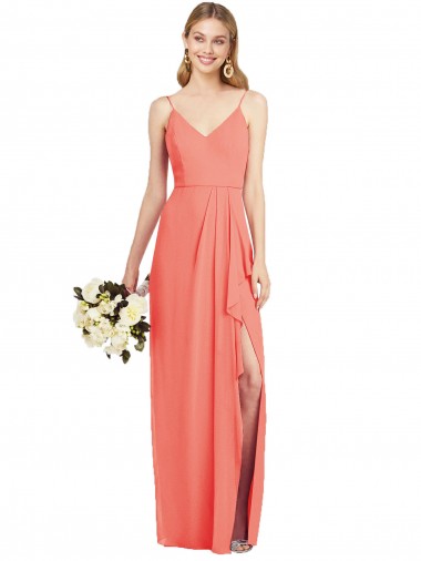 Buy Spaghetti Strap Draped Skirt Chiffon Bridesmaid Dress with Front Slit