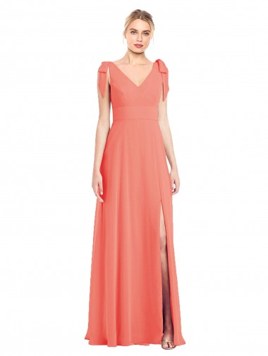 Buy Full Length Bow-Shoulder V-Back Chiffon Bridesmaid Dress with Front Slit