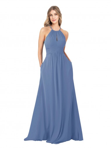 Buy Draped High Neck Keyhole Back Bridesmaid Dress with Front Slit