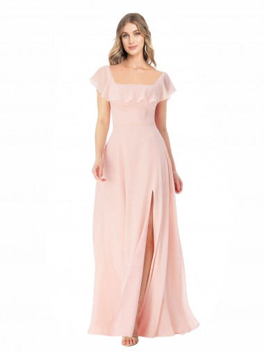 Buy Flutter Cap Sleeves Square Neck Ruffle Chiffon Bridesmaid Dress