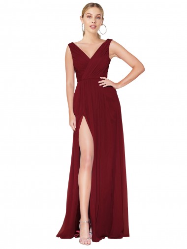 Buy Draped Mermaid Long V-Neck Chiffon Bridesmaid Dress with High Slit