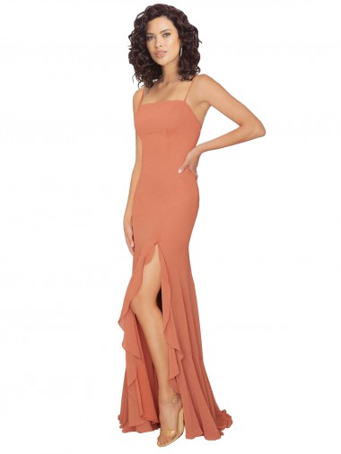 Buy Chiffon Square Neck Bridesmaid Dress with Ruffled Skirt Slit