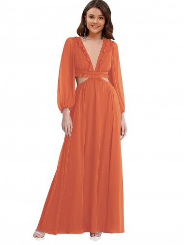 Buy High Low Ruffled Long Chiffon Cutout Bishop Sleeves Maxi Bridesmaid Dress