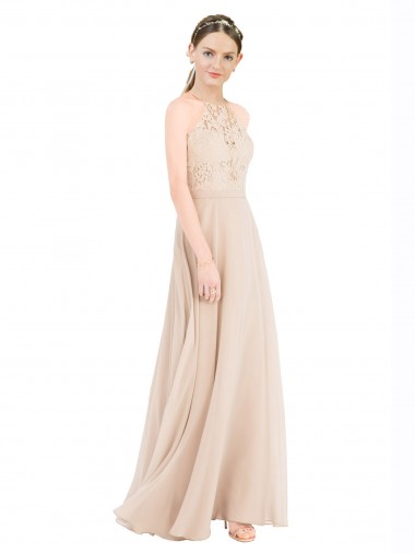 Buy High Halter Neck Illusion Lace Bridesmaid Dress with Chiffon Skirt and Keyhole Back