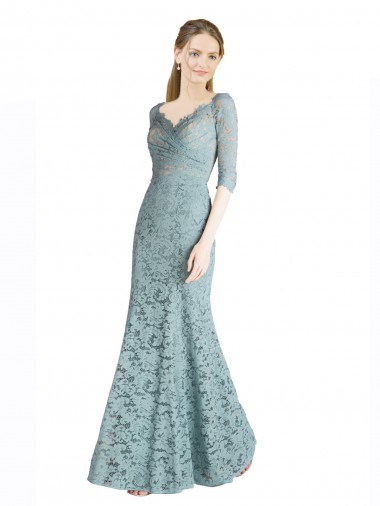Buy Half Sleeves Pleated Lace Bridesmaid Dress with Wrap-Around Portrait Neckline
