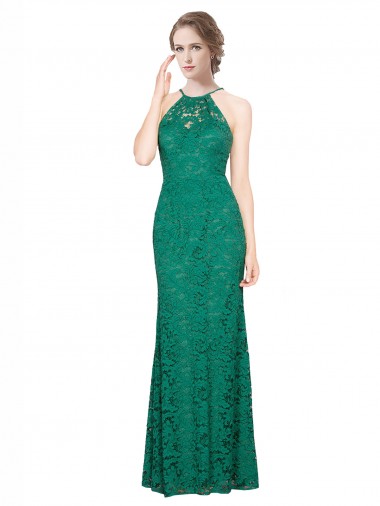 Buy High Illusion Halter Neck Long Lace Bridesmaid Dress