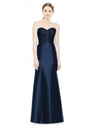 Buy Full Length Strapless Satin Bridesmaid Dress with Lace Sweetheart Neckline