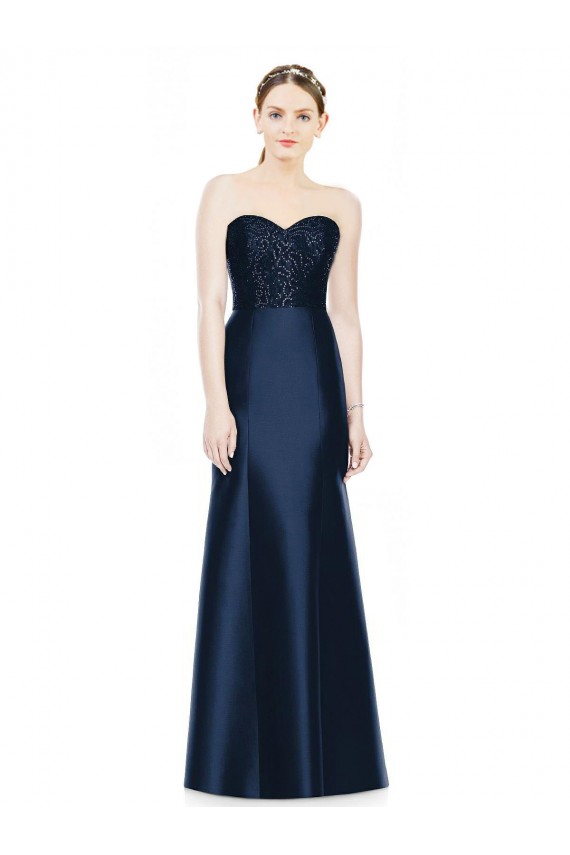 Buy Full Length Strapless Satin Bridesmaid Dress with Lace Sweetheart Neckline