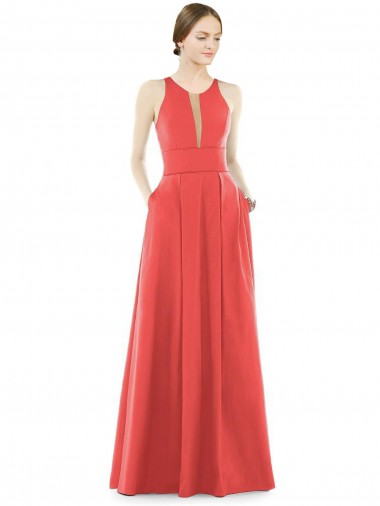 Buy Sheer V-Neck Tulle Illusion Long Satin Bridesmaid Dress