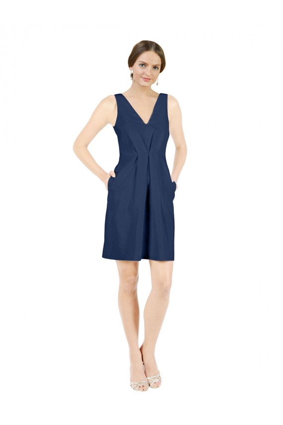 Buy Deep V-Neck Short Knee Length Satin Bridesmaid Dress with Slimming Pleats