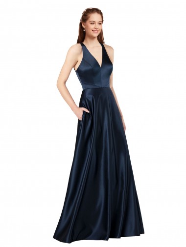 Buy Long Formal Satin Bridesmaid Gown with Halter Neckline