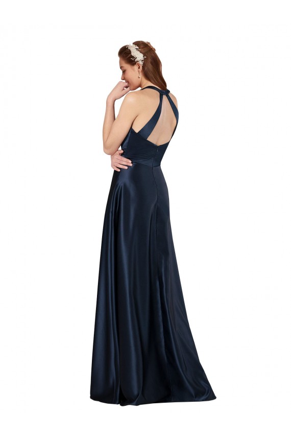 Buy Long Formal Satin Bridesmaid Gown with Halter Neckline