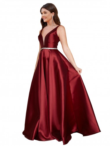 Buy Sleeveless Deep V-Neck A-Line Satin Bridesmaid Dress with Pockets