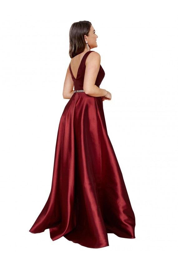 Buy Sleeveless Deep V-Neck A-Line Satin Bridesmaid Dress with Pockets