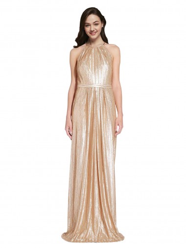 Buy Floor Length Halter Neck Sparkling Sequin Bridesmaid Dress with Pleats