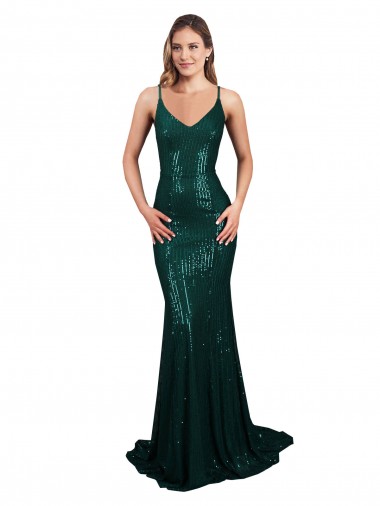 Buy Fishtail Shaped V-Neck Open Back Long Sequin Bridesmaid Dress