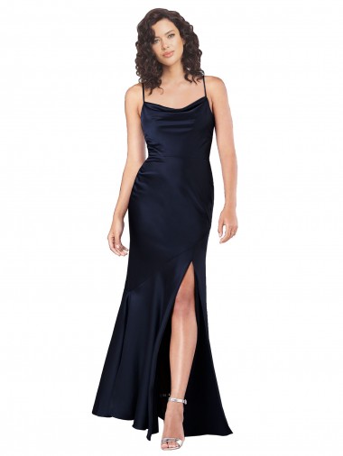 Buy Draped Cowl Neck Silky Satin Bridesmaid Dress with Skirt Slit