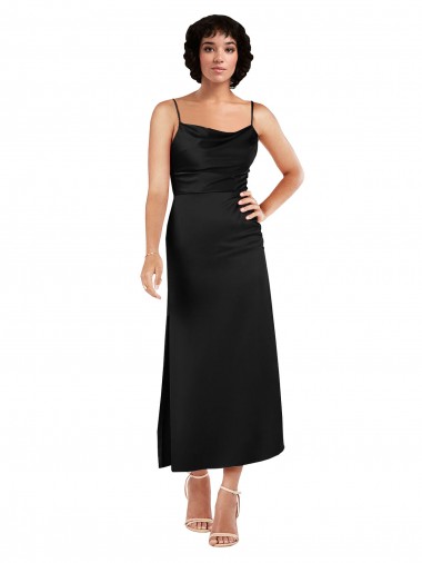 Buy Cowl Neck Tea-Length Short Silky Satin Bridesmaid dress with Skirt Slit