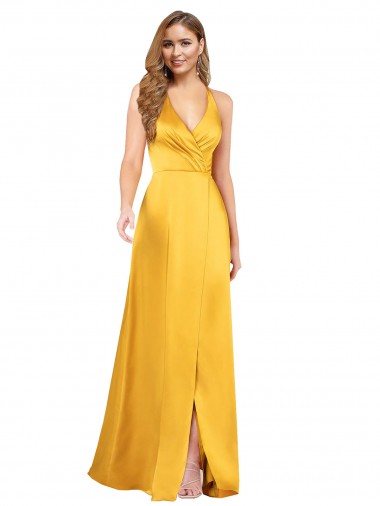 Buy Halter A-Line Silky Satin Bridesmaid Dress with V-Neckline and Slit