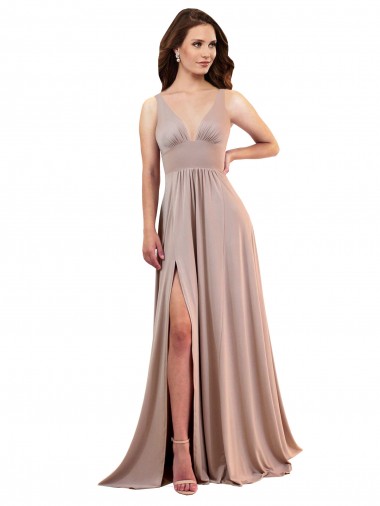 Buy Long A-Line Plunge V-Neckline Spandex Bridesmaid Dress with Slit