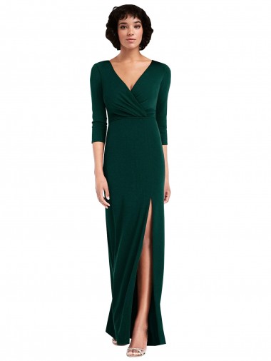 Buy Floor Length 3/4 Sleeves V-Back Draped Wrap Maxi Spandex Bridesmaid Dress