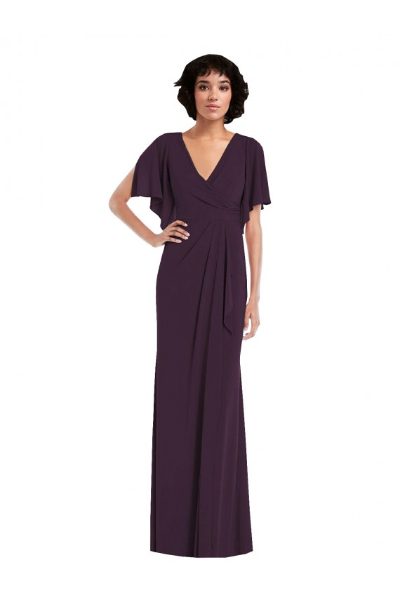 Buy Faux Wrap Split Sleeves Maxi Spandex Bridesmaid Dress with Cascade Skirt