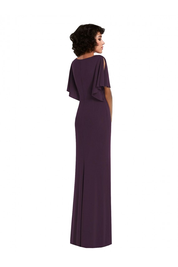 Buy Faux Wrap Split Sleeves Maxi Spandex Bridesmaid Dress with Cascade Skirt