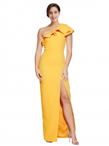 Buy One Shoulder Floor Length Crepe Bridesmaid Dress with Thigh High Split