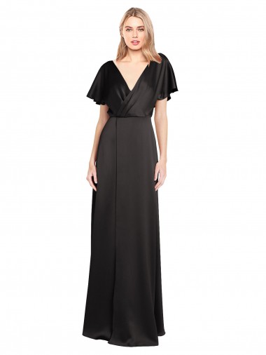 Buy Cap Sleeves Open Back Long Stretch Satin Bridesmaid Dress