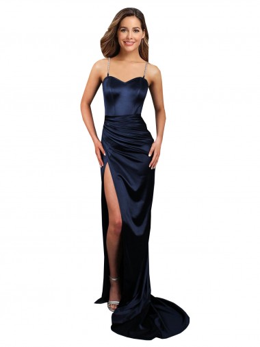 Buy Pleated Sash Skirt Long Stretch Satin Bridesmaid Dress with High Slit