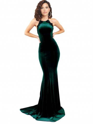 Buy High Neck Stretch Velvet Bridesmaid Dress with Black Lace Embroidery