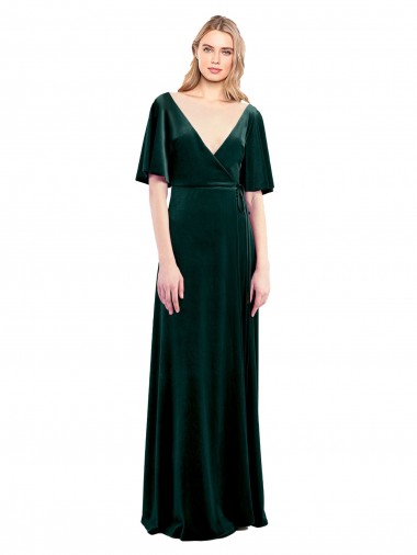 Buy Deep V-Neck Flutter Sleeves Long Velvet Wrap Bridesmaid Dress