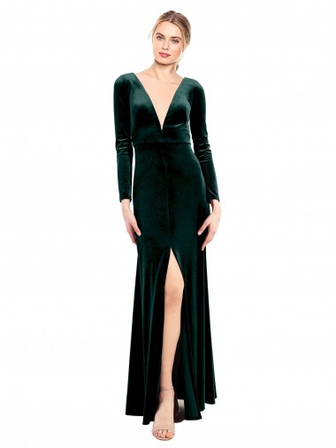 Buy Plunging V-Neckline Long Sleeves Open Back Velvet Bridesmaid Dress