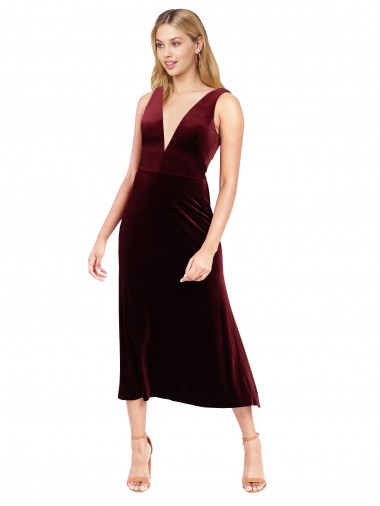 Buy Daring Plunging V-Neckline Short Midi Length Velvet Bridesmaid Dress