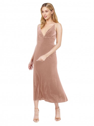 Buy Midi Length Short V-Neck Velvet Bridesmaid Dress with Notched Neckline