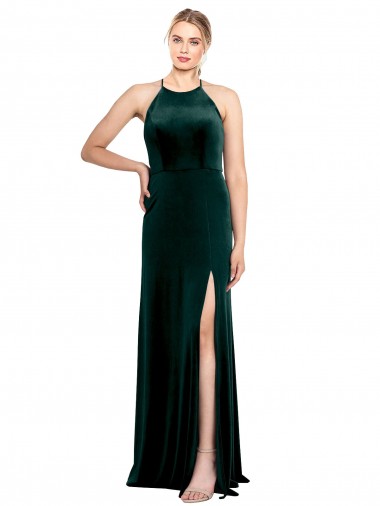 Buy Long Jewel Neck Full Length Velvet Bridesmaid Dress with Side Slit