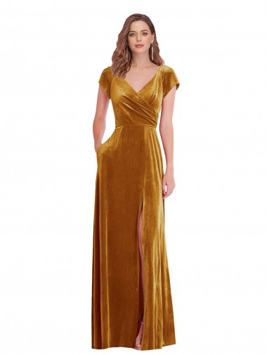 Buy Cap Sleeve Faux Wrap Velvet Maxi Bridesmaid Dress with Pockets