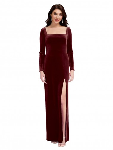 Buy Sleek Square Neck Spaghetti Straps Velvet Bridesmaid Dress with Side Slit