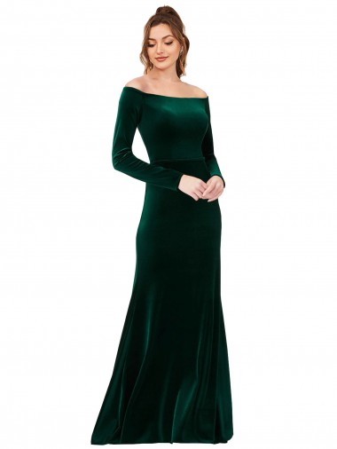 Buy Off the Shoulder Long Sleeves Stretch Velvet Bridesmaid Dress